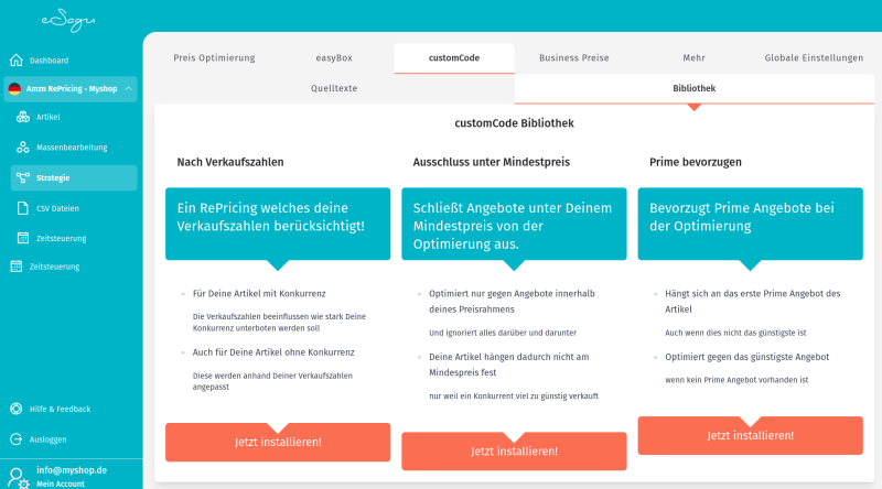 eSagu - Repricer für Amazon - CustomCode Oberfläche zur individuellen Regeldefinition, dynamischen Preislogik und Amazon-RePricing-Automationen