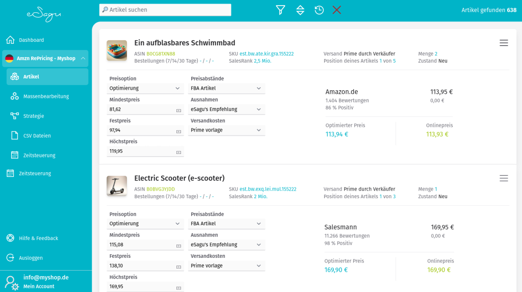 eSagu - RePricing für Amazon - Artikelübersicht mit Produktliste, Preisoptimierungseinstellungen und Preisvergleich mit dem nächsten Konkurrenten pro Artikel