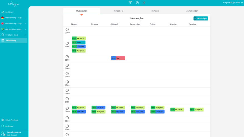 eSagu - Repricer für Amazon - Zeitsteuerungs-Interface mit tageszeitabhängigen Preisregeln und automatisierten Amazon-RePricing-Abläufen