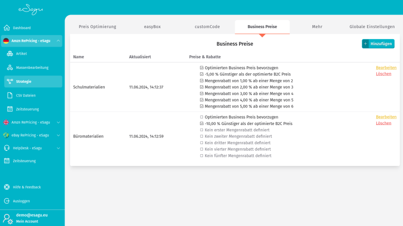 eSagu - Repricer für Amazon - B2B-Preisoptimierung / Business-Preisoptimierung mit Mengenrabattregeln, Preisansicht und Amazon-Business-RePricing-Daten