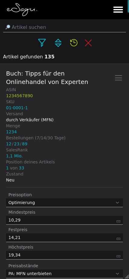 eSagu - RePricing für Amazon - Mobile Artikelübersicht mit Produktliste, Preisoptimierungseinstellungen und Artikelinformationen