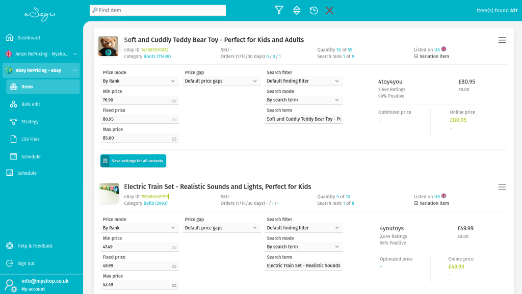 eSagu - RePricing for eBay - Overview of items with product list, price optimization settings, and price comparison with the nearest competitor per item