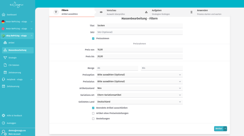 eSagu - Repricer für ebay - Massenbearbeitung mit batch-fähigen Preisregeln, Produktlisten und automatisierter eBay-Preisoptimierung