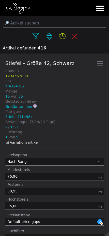 eSagu - RePricing für eBay - Mobile Artikelübersicht mit Produktliste, Preisoptimierungseinstellungen und Artikelinformationen