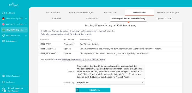 eSagu - Repricer für ebay - Suchbegriffsgenerierung mit ChatGPT zur Optimierung der Preisstrategie