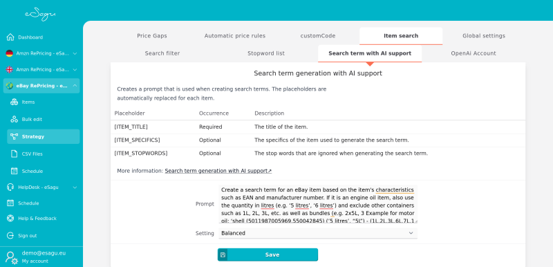 eSagu - Repricer for ebay - Search term generation with ChatGPT to optimize pricing strategy