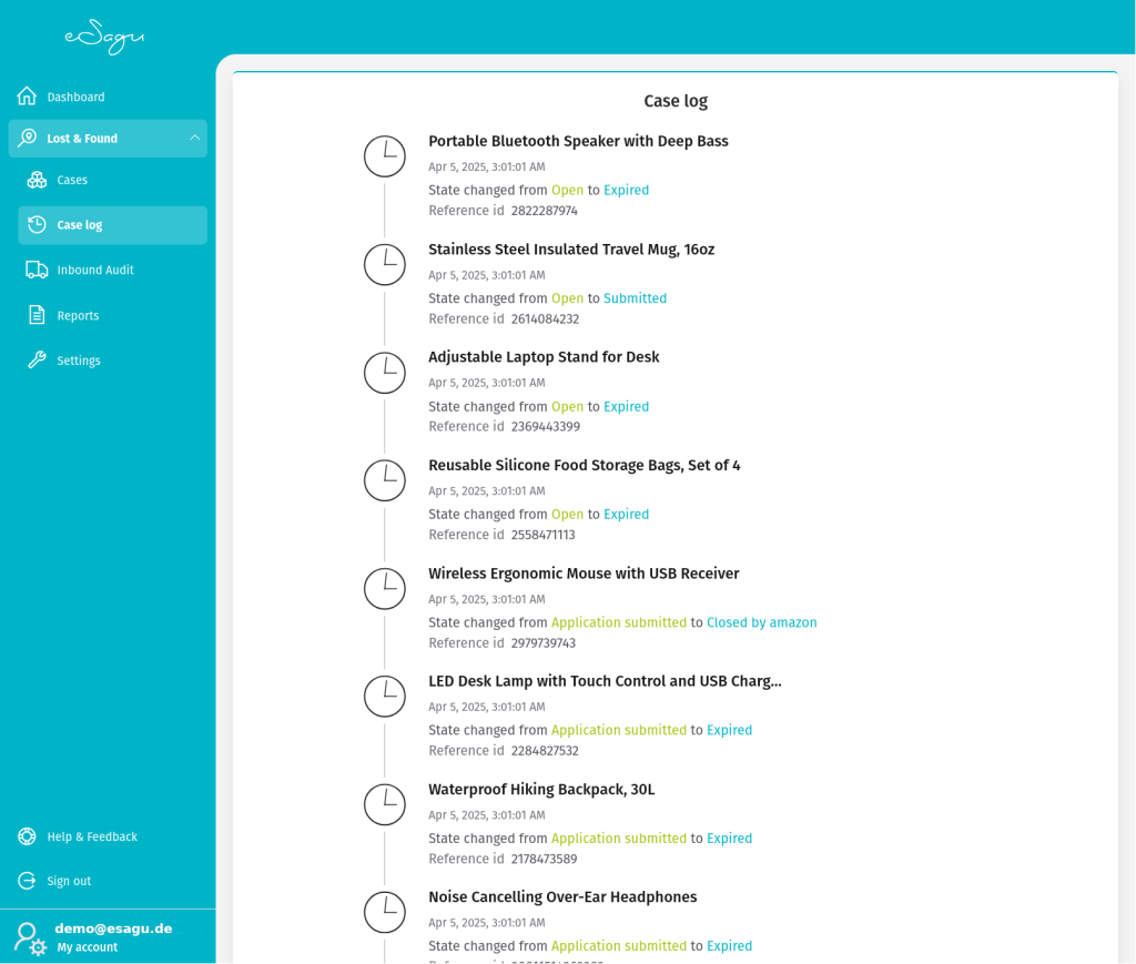 eSagu - Lost&Found for Amazon - Case log with cases and status changes