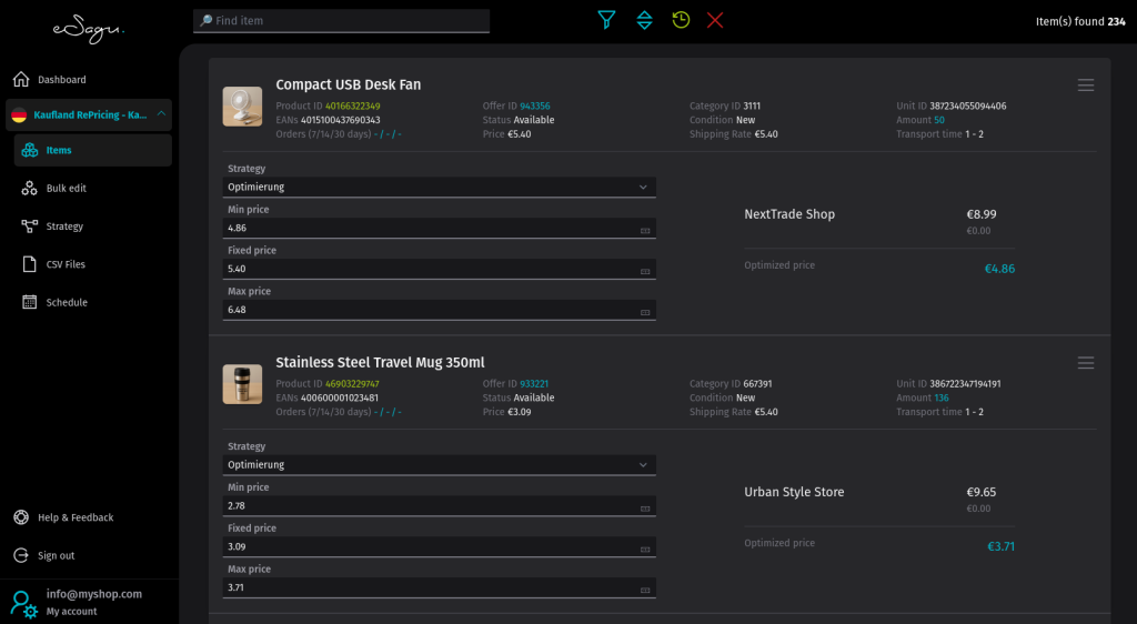 eSagu - RePricing for Kaufland - Overview of products, price management settings, and competitor comparison per item