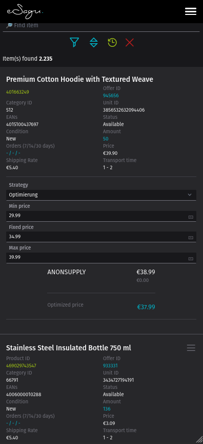eSagu - RePricing for Kaufland - Mobile view with product list, price optimization settings, and item details
