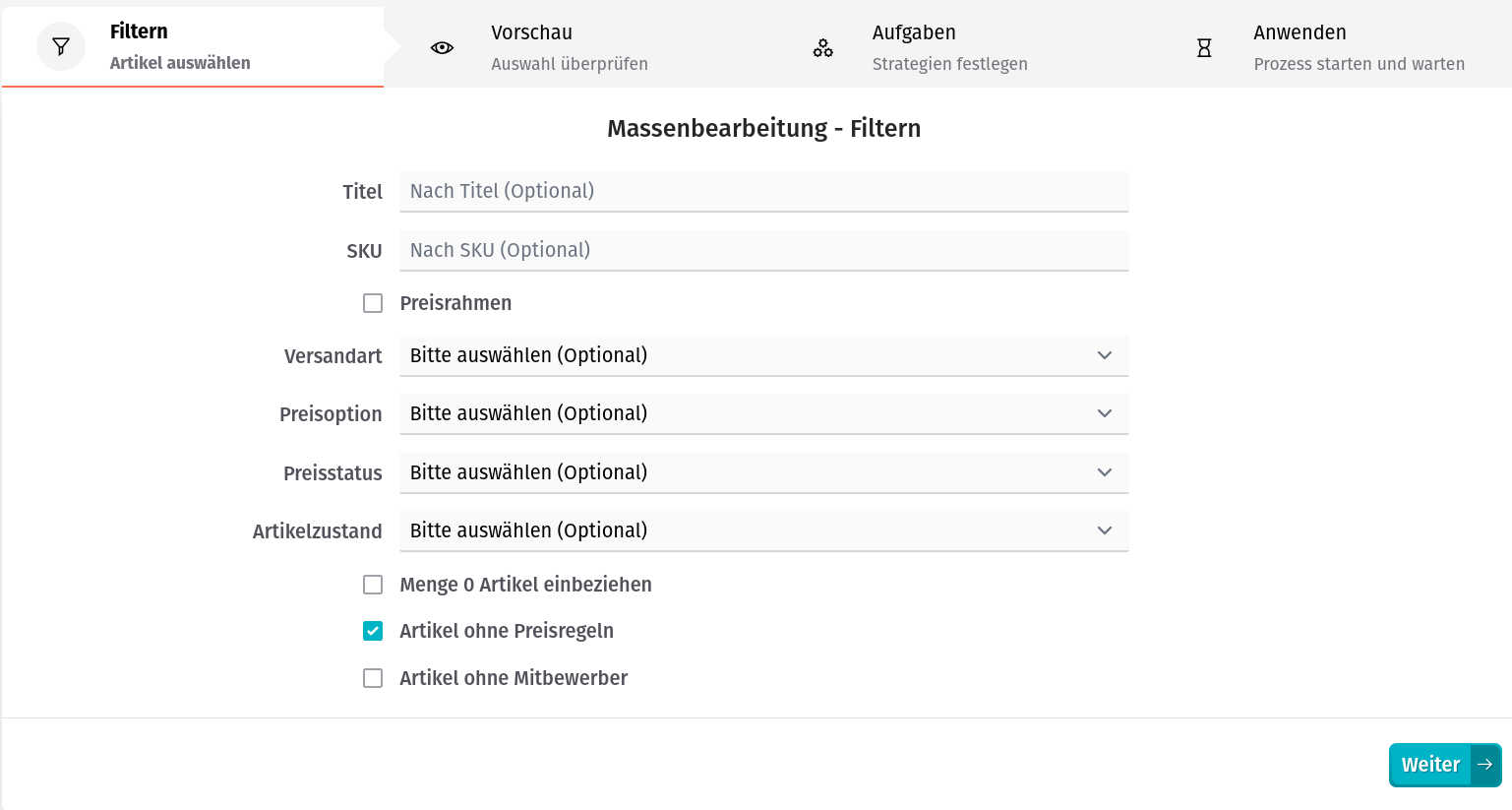 Massenbearbeitung - Artikel ohne Preiseinstellung