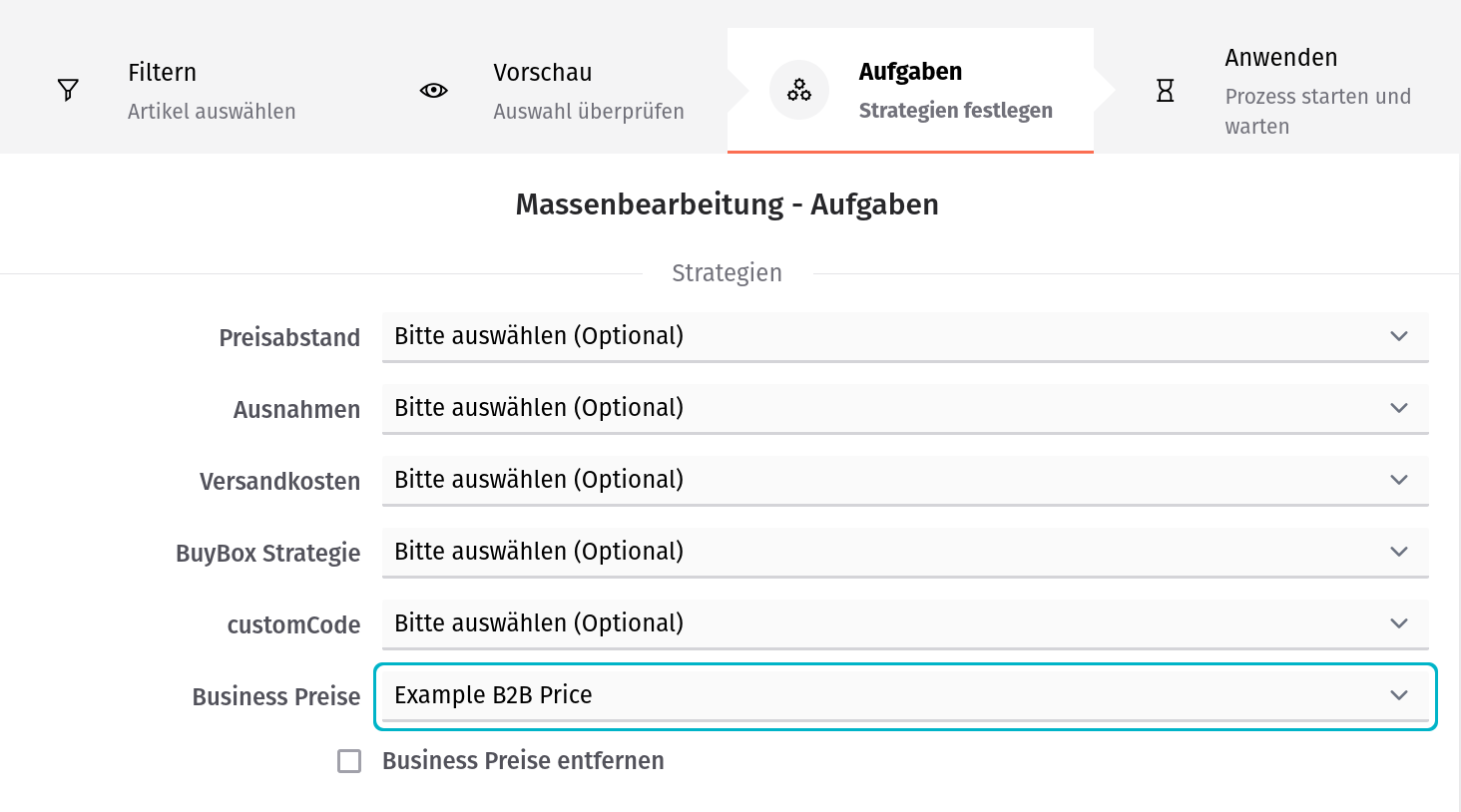 Massenbearbeitung - Businesspreise hinzufügen