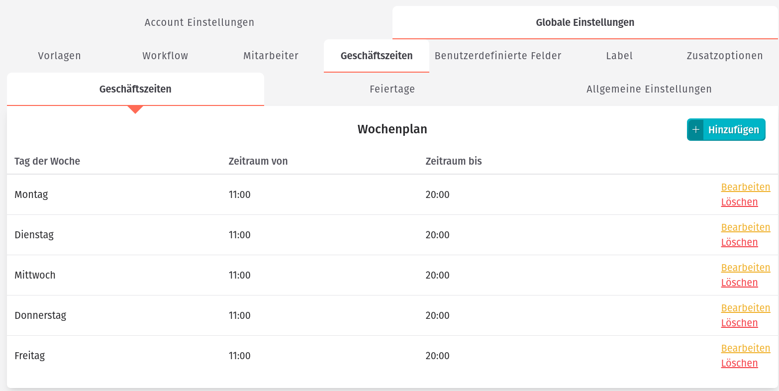 Beispiel für Wöchentliche Geschäftszeiten