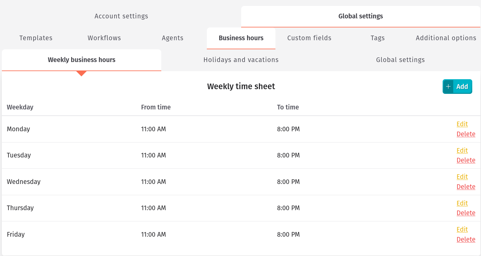 Example of business hours set up