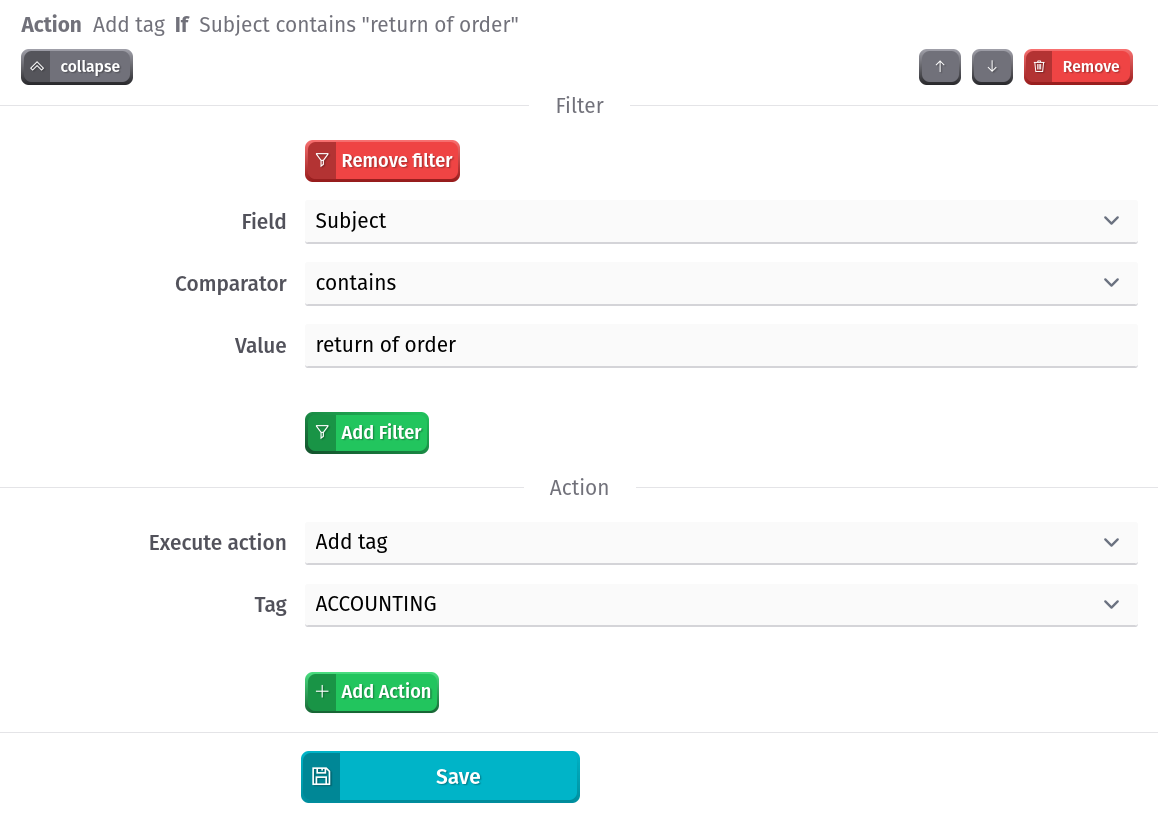 Add tag(action) Returns when(filter) subject contains 'return of order'