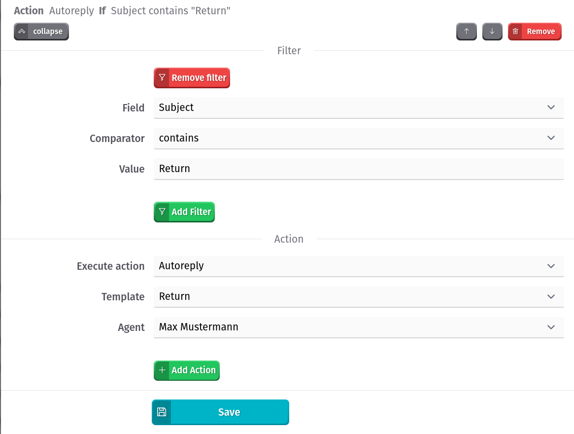 Setup a workflow to autoreply on messages containing the subject 'return'