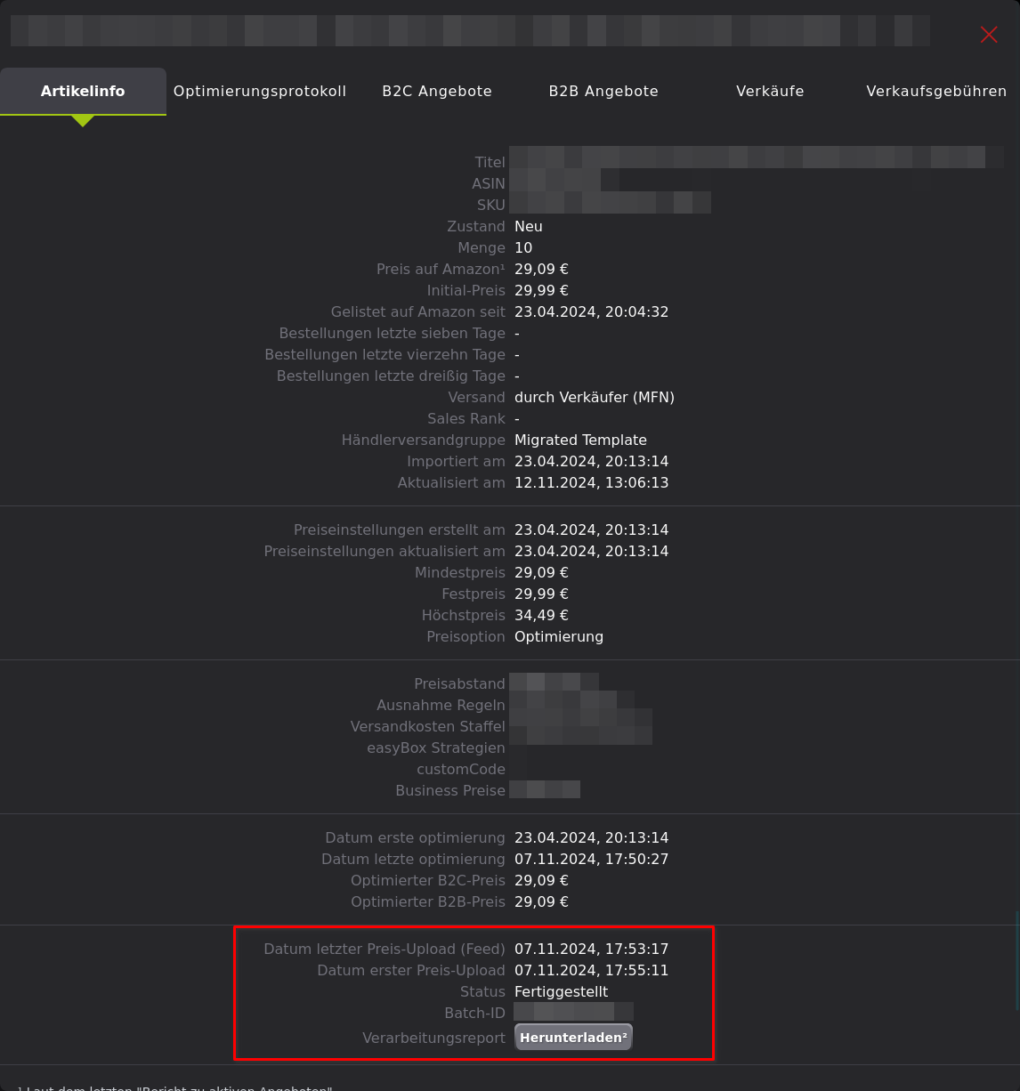 Preis-Upload mit Feed