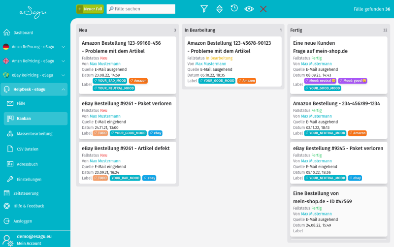 eSagu - HelpDesk - Fallansicht als Kanban Board