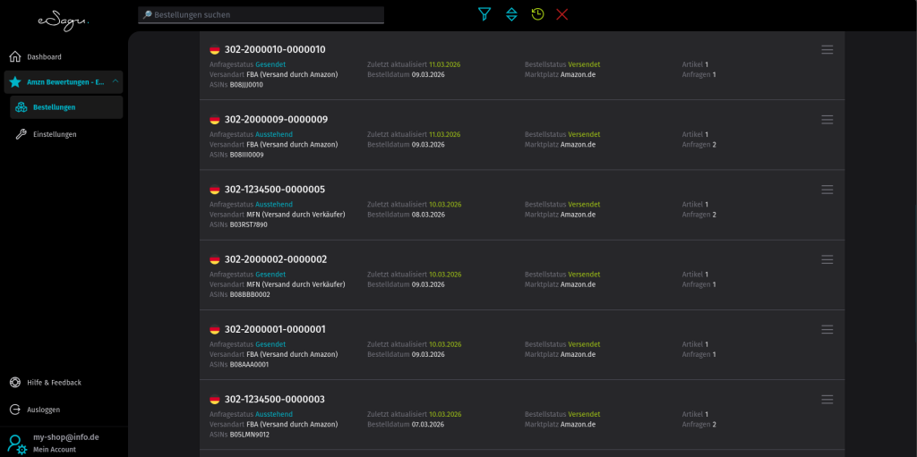 eSagu - Amazon Bewertungsaufforderungen - Automatisierte Bewertungsanfragen für Amazon-Händler