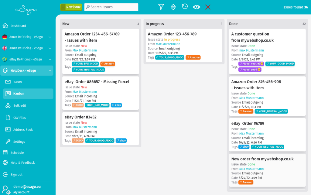 eSagu - HelpDesk - Kanban Board with issues, management, and categorization