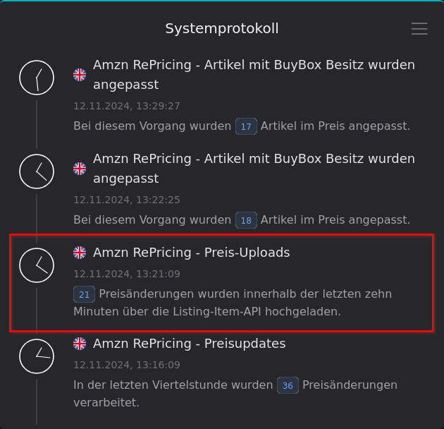 Systemprotokoll mit Preis-Uploads über die Listing-Item-API