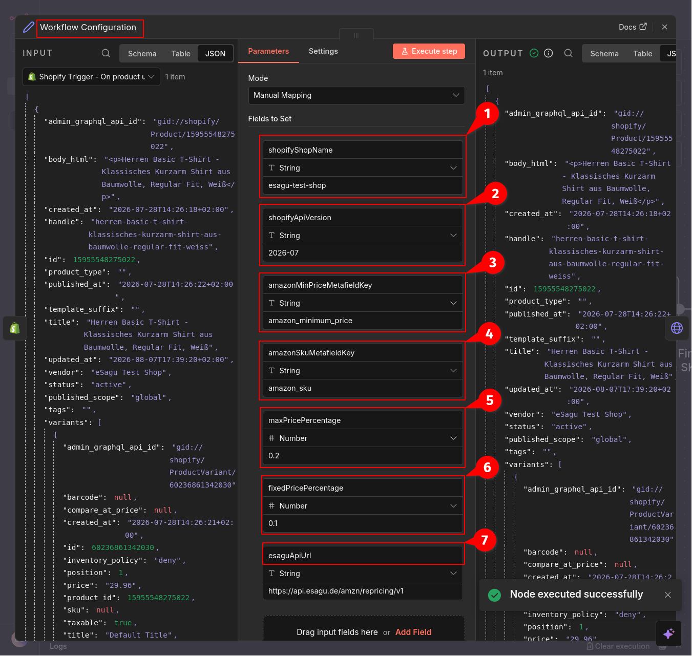 Configuring the Shopify and eSagu parameters in the n8n workflow