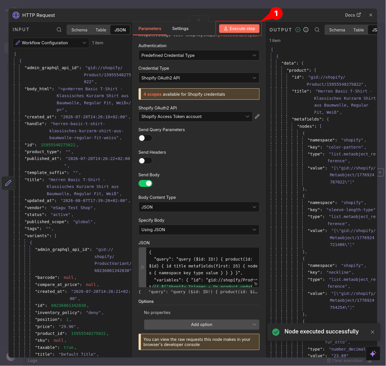 Successful GraphQL query of the Shopify metafields