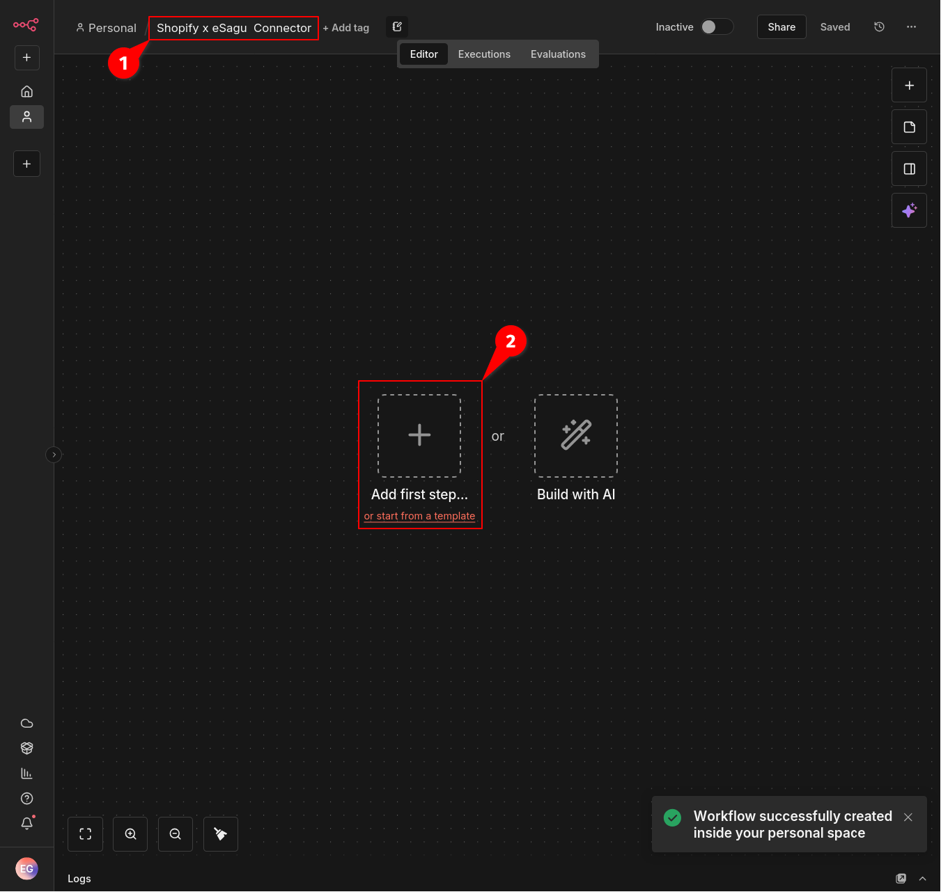 New n8n workflow named “Shopify x eSagu Connector”
