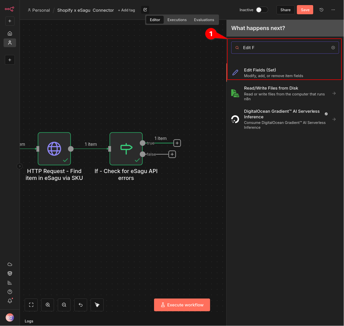 Adding an Edit Fields step to the true output
