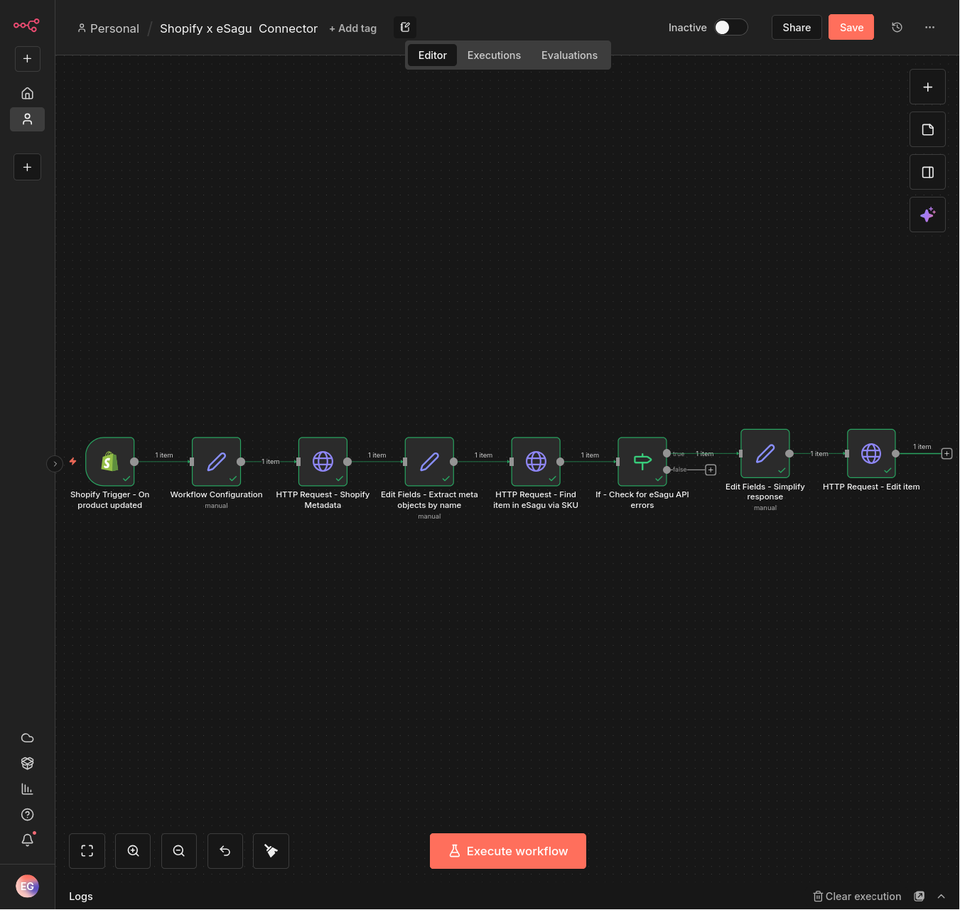 Complete n8n workflow for transferring Shopify prices to eSagu