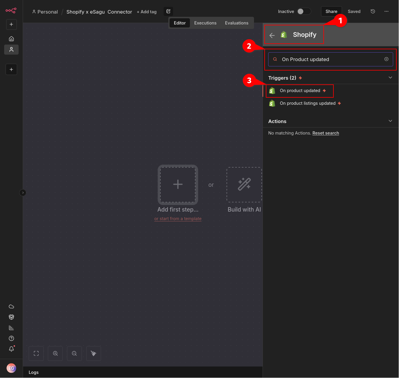 Selecting the “On product updated” Shopify trigger in n8n