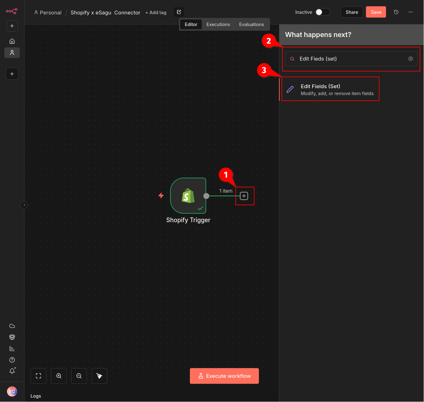 Adding an “Edit Fields (Set)” step