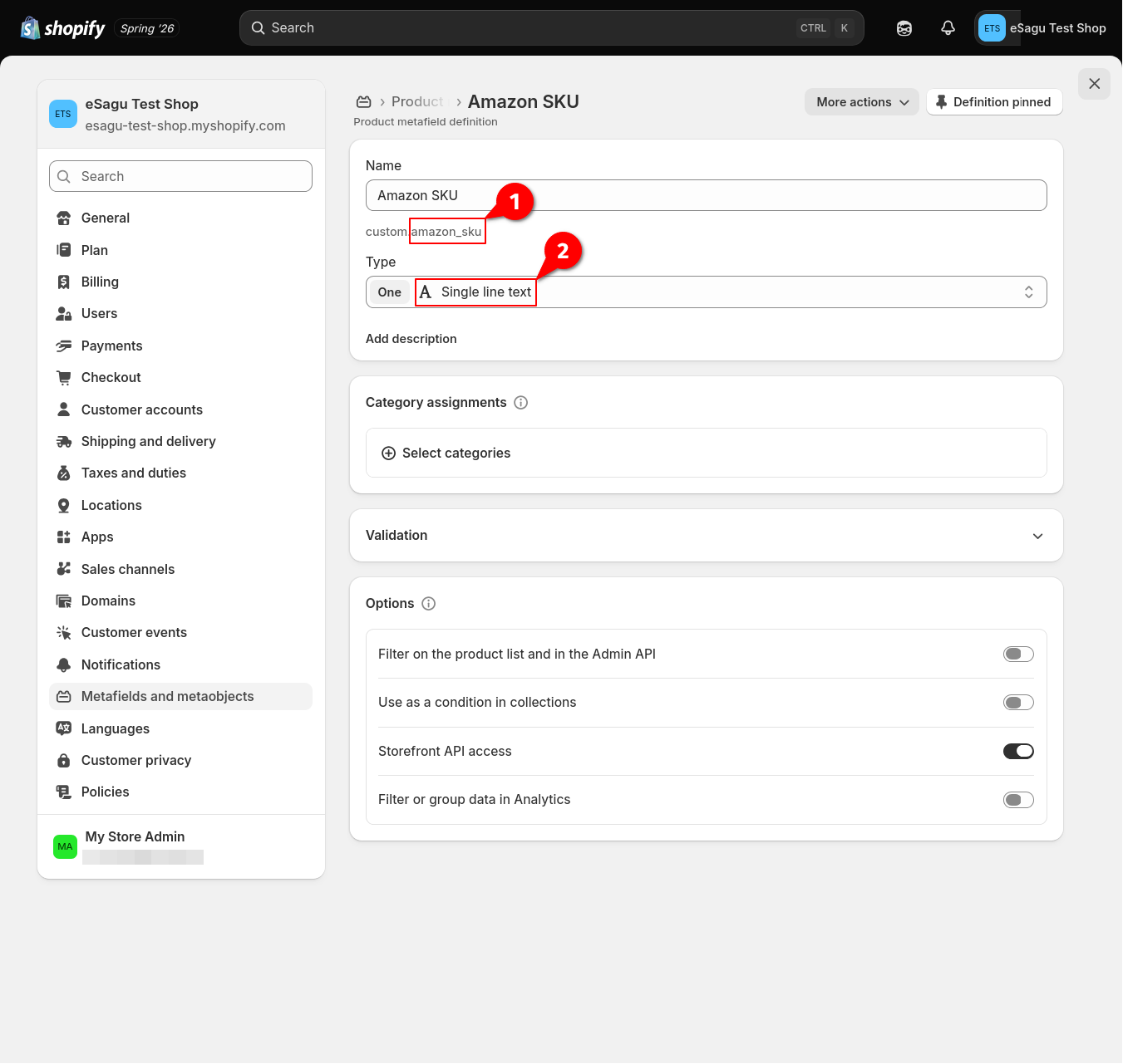Shopify metafield “Amazon SKU” with the “Single line text” type
