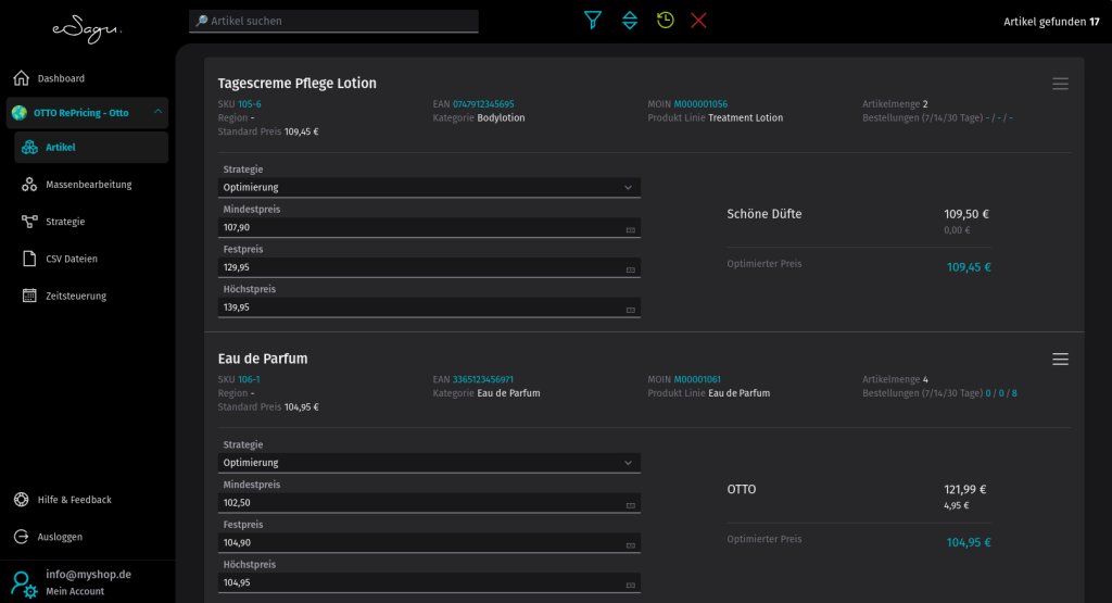 eSagu - RePricing für Otto - Übersicht über Produkte, Preissteuerungseinstellungen und Konkurrenzvergleich pro Artikel