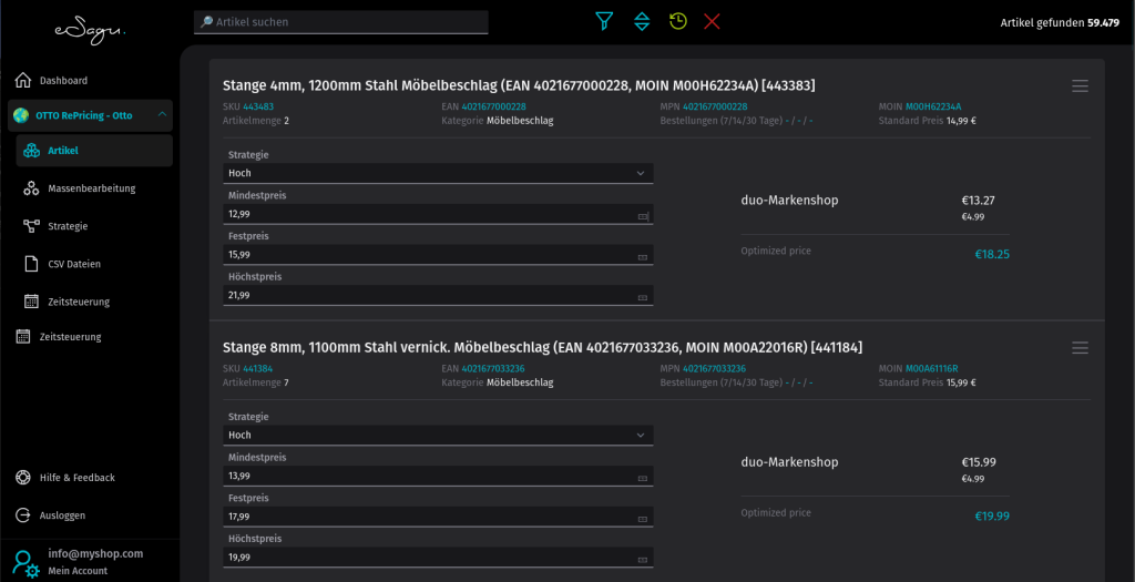 eSagu - RePricing für Otto - Übersicht über Produkte, Preissteuerungseinstellungen und Konkurrenzvergleich pro Artikel