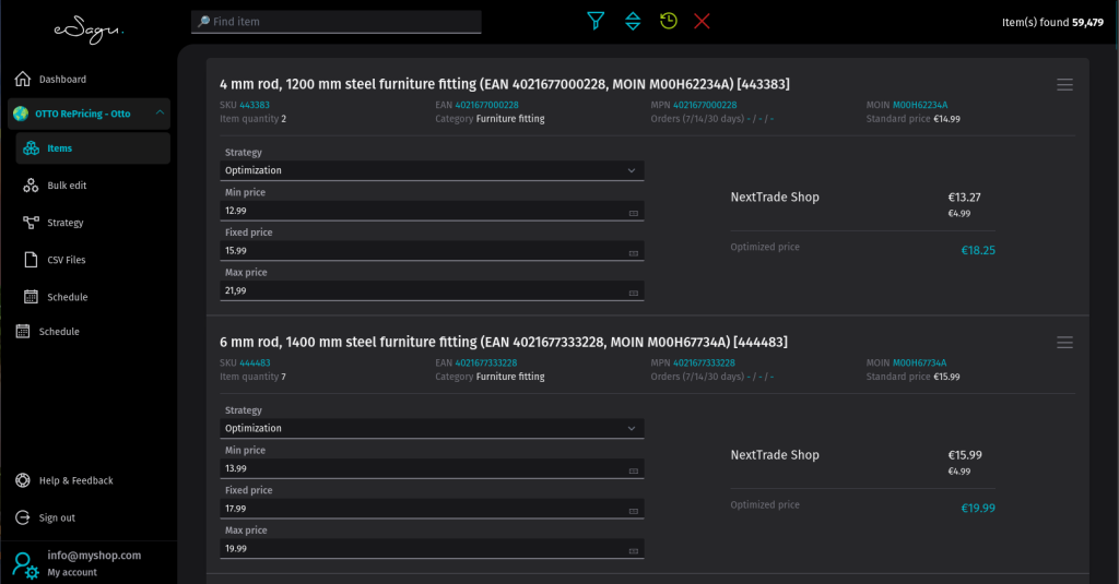 eSagu - RePricing for Otto - Overview of products, price control settings, and competitor comparison per item