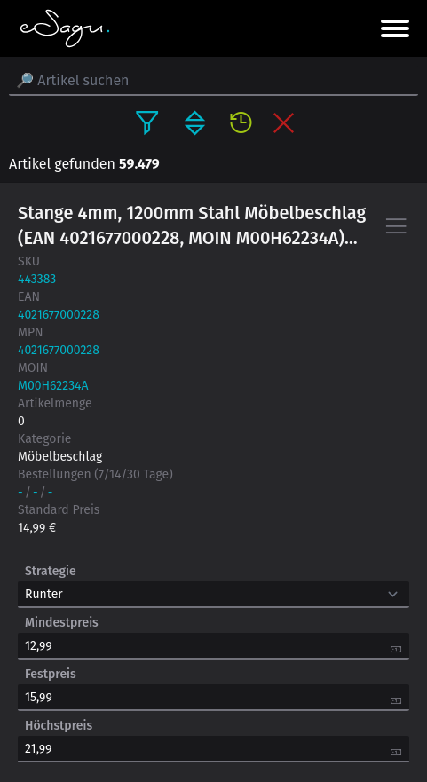 eSagu - RePricing für Otto - Mobile Artikelübersicht mit Produktliste, Preisoptimierungseinstellungen und Artikelinformationen