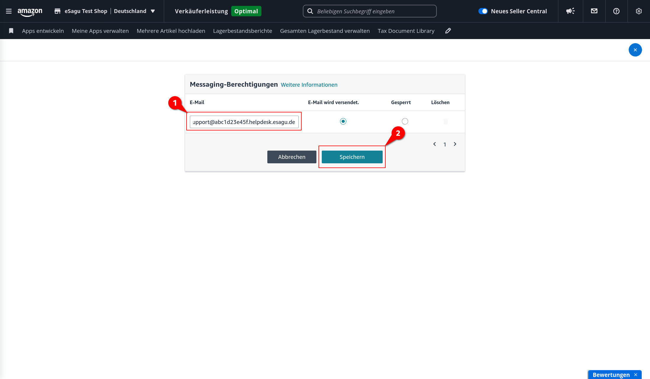 Eingabemaske für Messaging-Berechtigungen mit eingetragener Helpdesk-Adresse und markierter Schaltfläche Speichern.