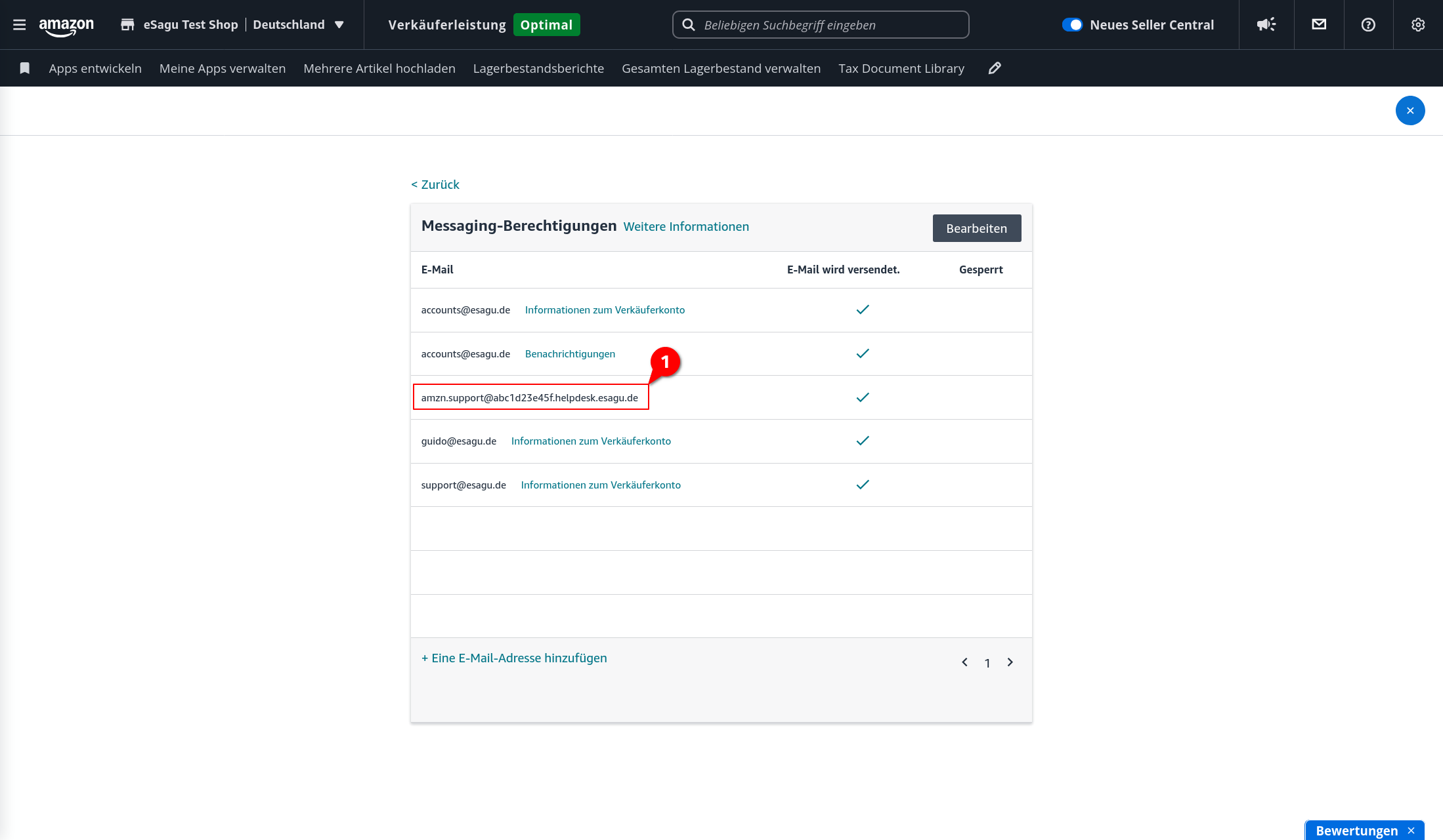 Messaging-Berechtigungen im Amazon Seller Central mit erfolgreich hinzugefügter und für den Versand freigegebener Helpdesk-Adresse.
