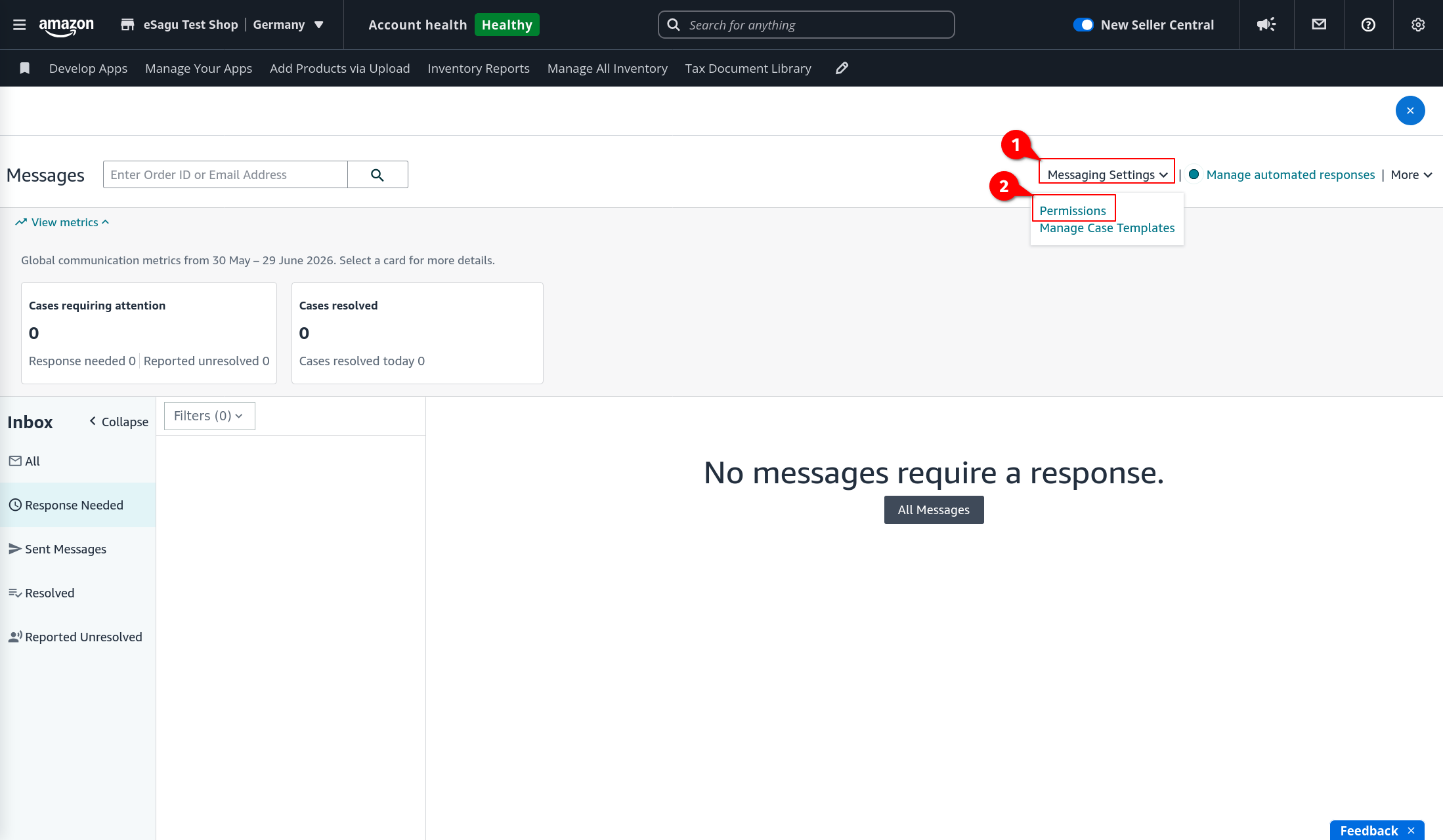 Amazon Seller Central messaging section with Message Settings open and Permissions highlighted.