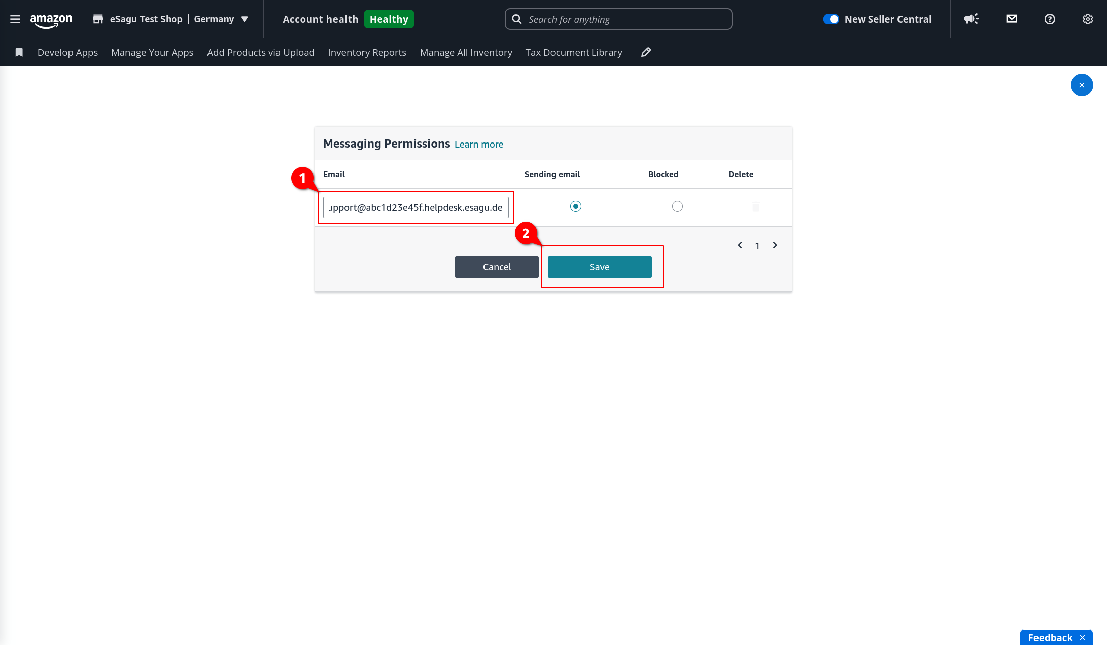 Messaging Permissions form with the helpdesk address entered and the Save button highlighted.