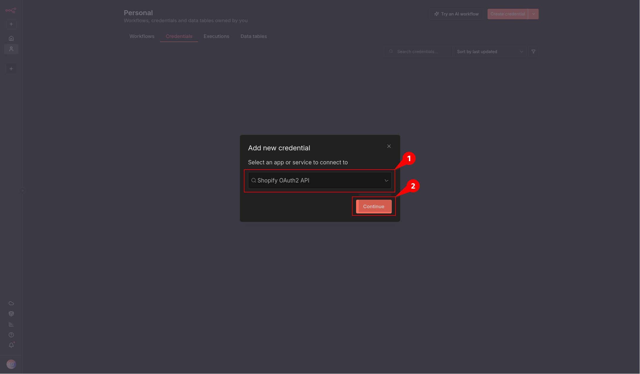 Select Shopify OAuth2 API in n8n