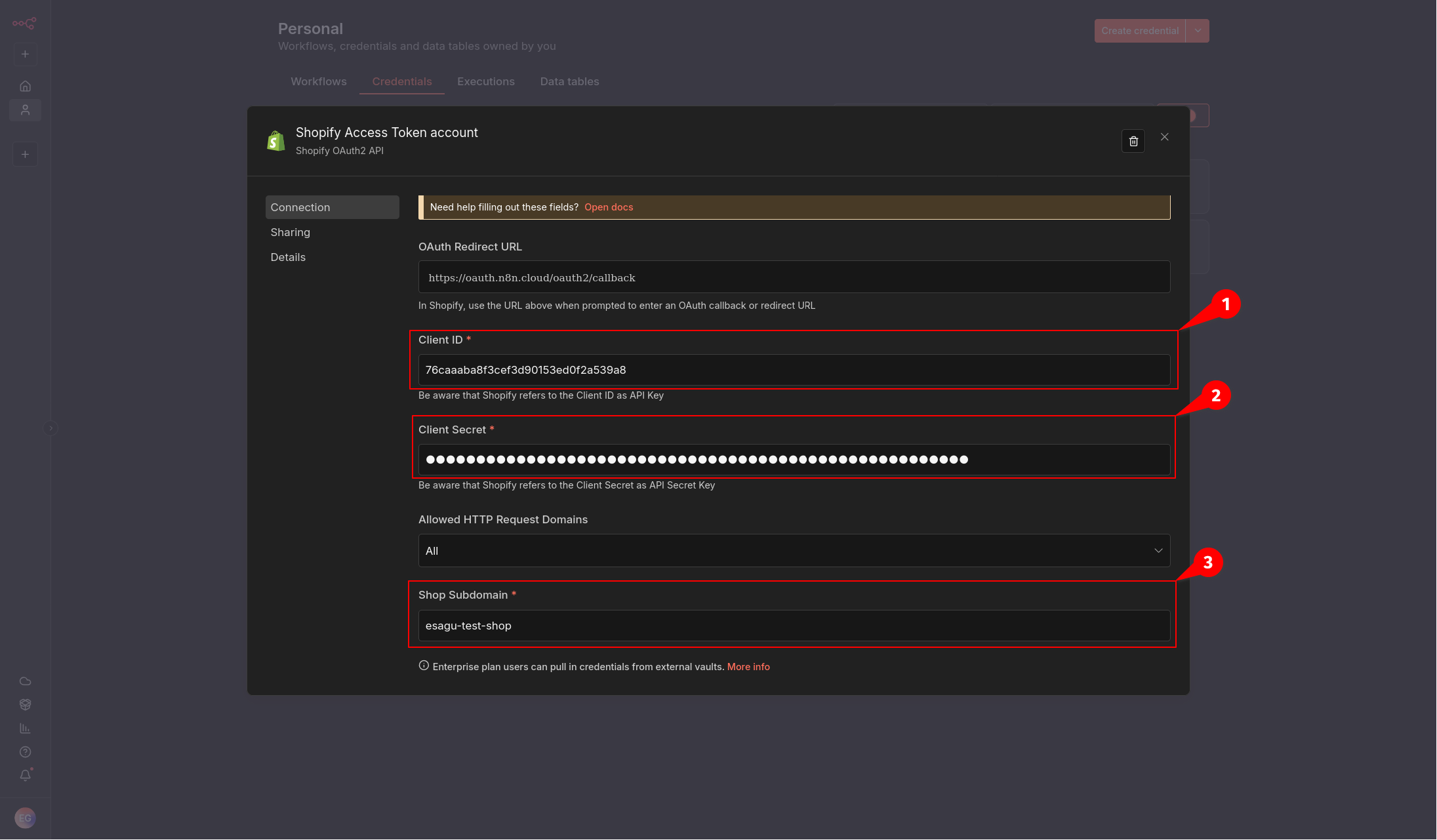 Enter the Shopify credentials in n8n