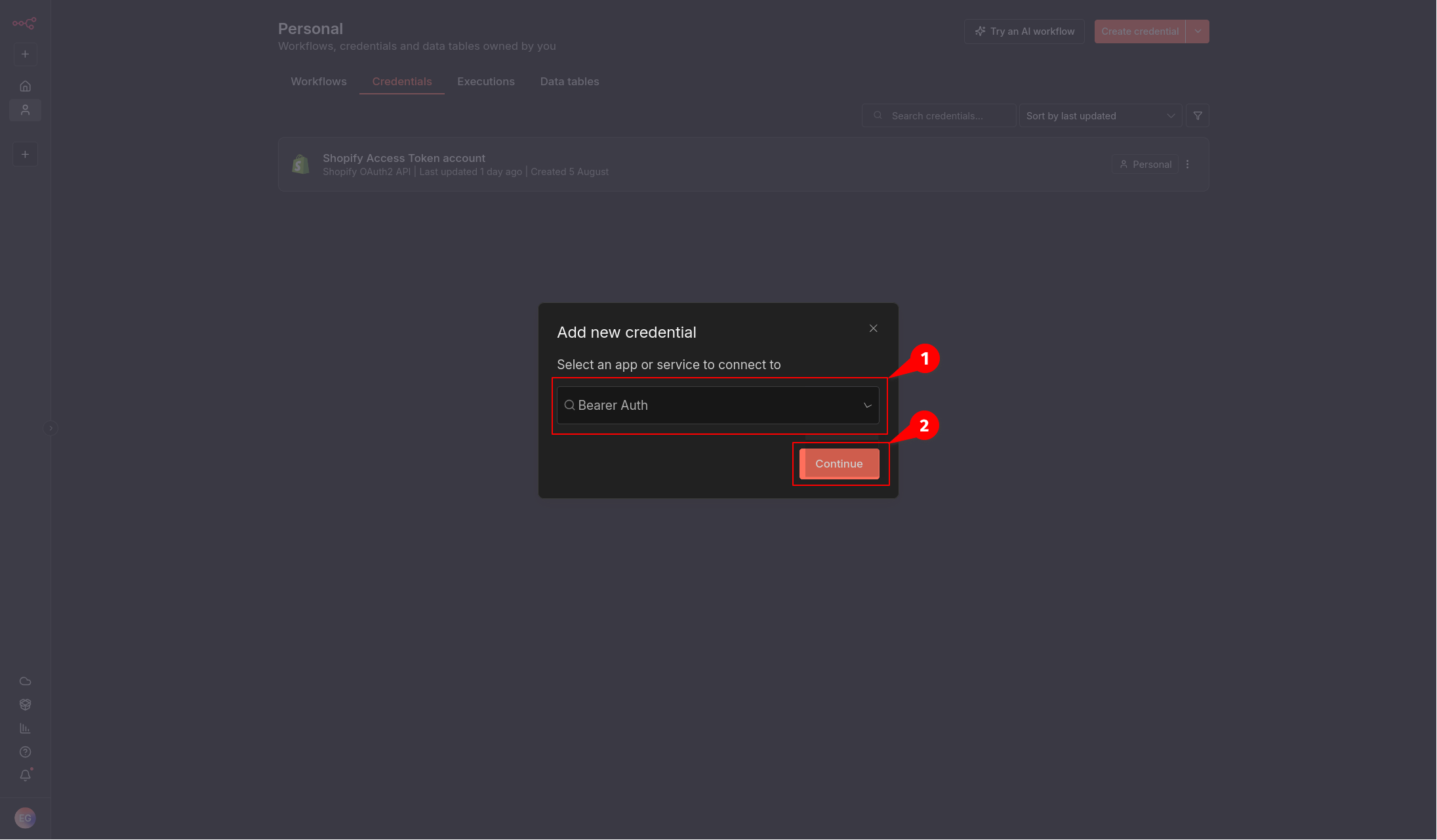 Select Bearer Auth credentials in n8n