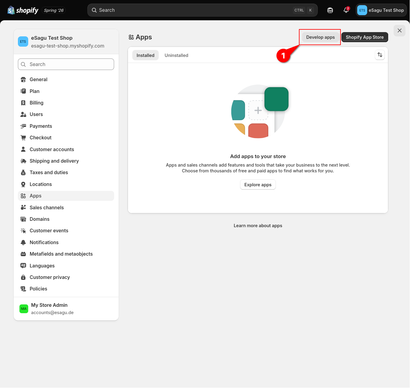 Open Shopify development apps