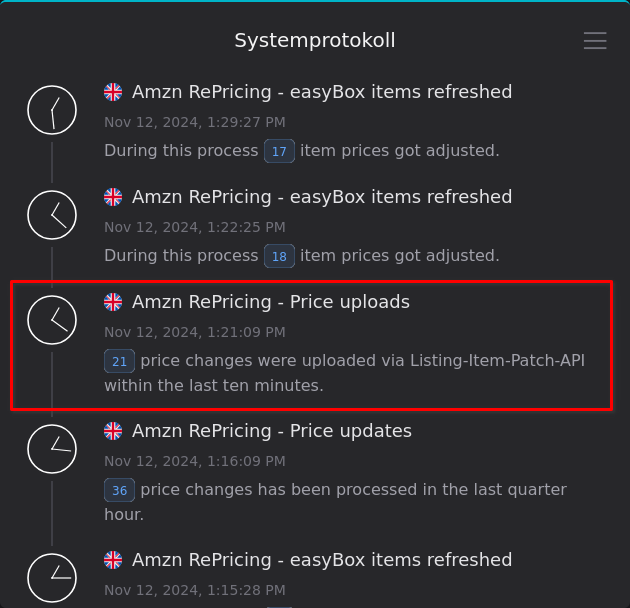 System log with price uploads via the Listing-Item API